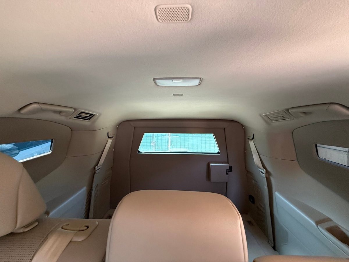 Interior of an armored Land Cruiser looking out through ballistic glass